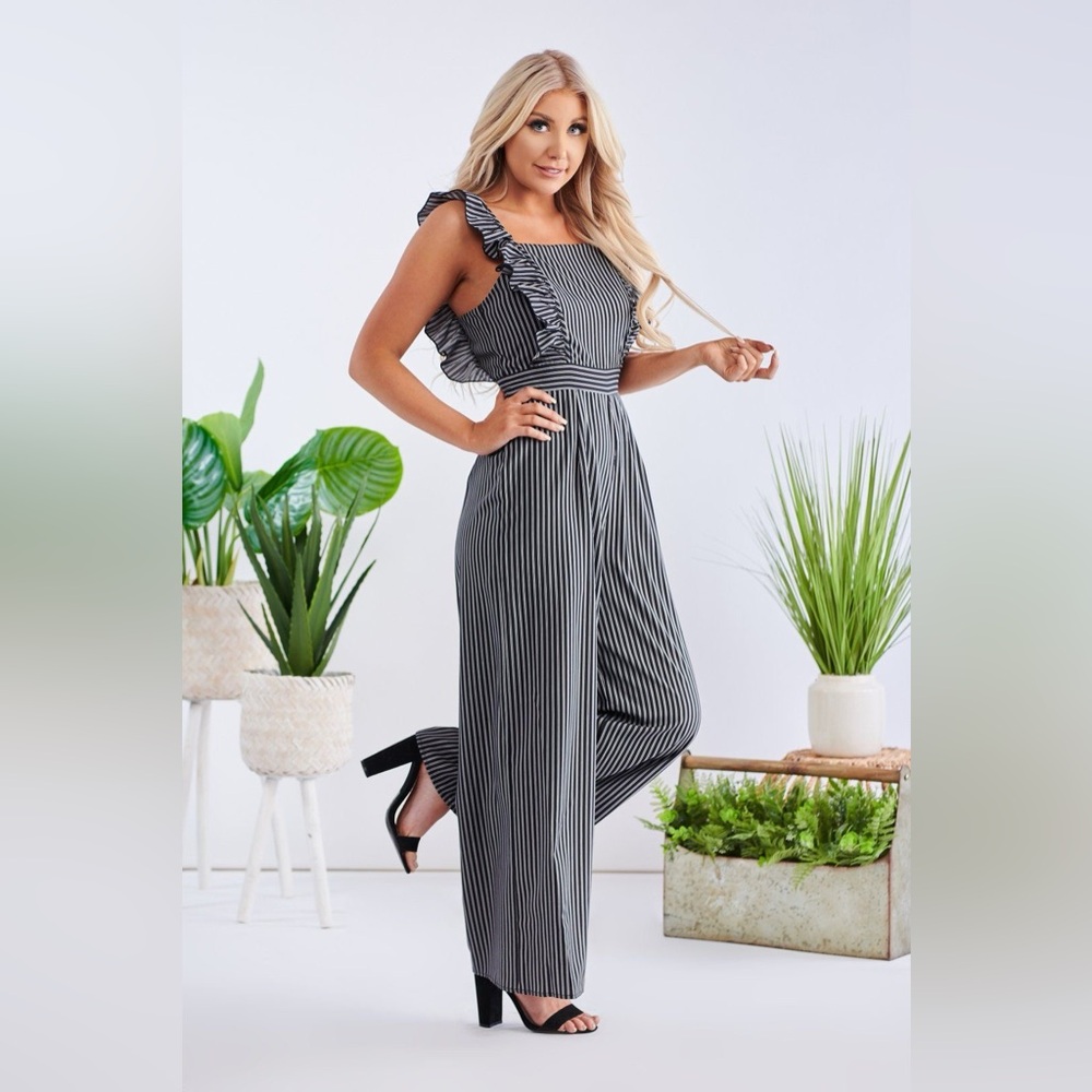 NanaMacs Allie Rose switching gears striped jumpsuit (black stripe) SMALL